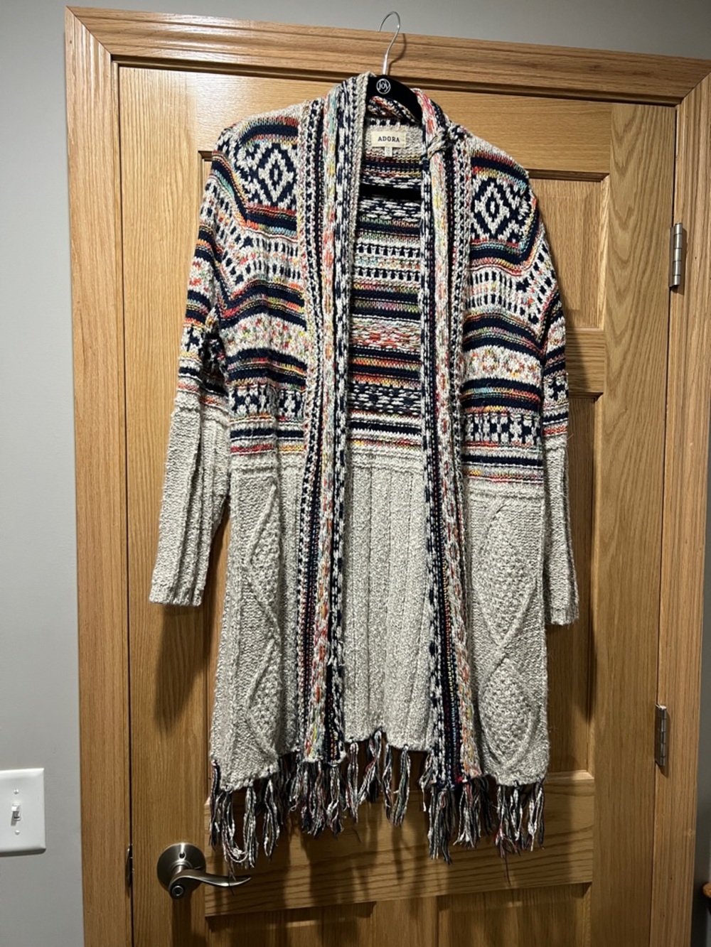 ADORA Cream & Multicolor Boho Knit Fringe Cardigan